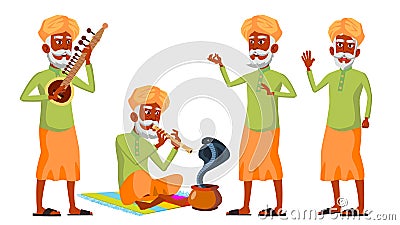 Indian Old Man Poses Set Vector. Hindu. Asian. Elderly People. Senior Person. Aged. Snake Cobra Dance. Advertisement Vector Illustration