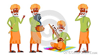 Indian Old Man Poses Set Vector. Hindu. Asian. Elderly People. Senior Person. Aged. Snake Cobra Dance. Web, Brochure Vector Illustration