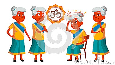 Indian Old Woman Poses Set Vector. Elderly People. Senior Person. Aged. Beautiful Retiree. Life. Design. Isolated Vector Illustration