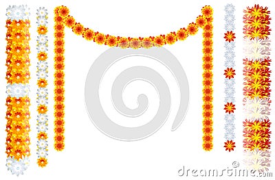 Indian orange flower garland mala frame isolated on white Vector Illustration