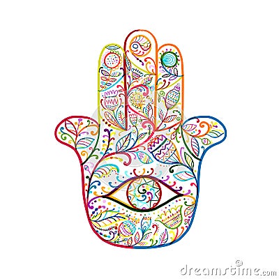 Indian ornate hand Hamsa, symbol. Vector Illustration