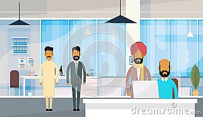 Indian People Businessman Group Traditional Clothes India Business Office Vector Illustration