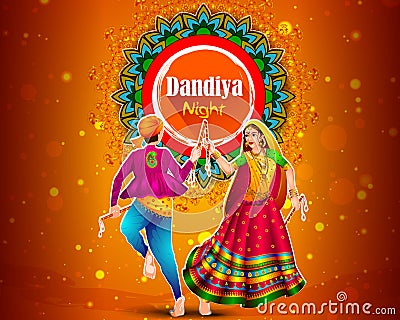 Indian people dancing Garba dance for Dandiya Disco Night event on Navratri Dussehra festival of India Vector Illustration