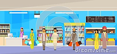 Indian People Group With Bags Big Shop Super Market Shopping Mall Interior India Customers Stand In Line Vector Illustration