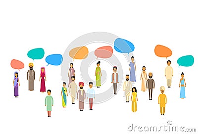 Indian People Group Chat Bubble Communication Concept, India Crowd Talking Social Network Vector Illustration