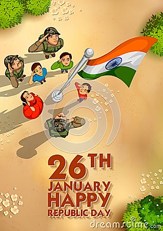 Indian people saluting flag of India with pride on Happy Republic Day Vector Illustration