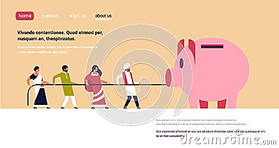 Indian people team pulling rope piggy bank money growth concept indian man woman teamwork successful strategy copy space Vector Illustration