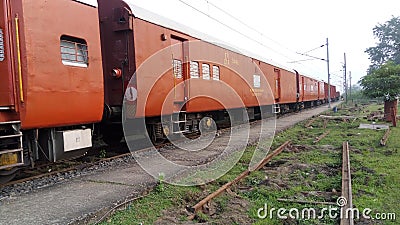 Indian railway train`s coach in yard. Stock Photo