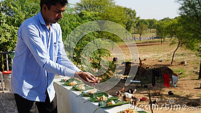 Hindu religious man offering food placed on a green leaf during a Hindu Ritual in the month of Sharada. Pitru paksha concept Stock Photo