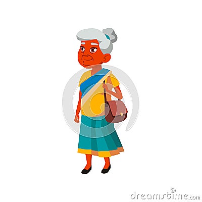indian retired woman walking on historical street cartoon vector Vector Illustration