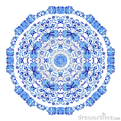 Indian round ornament, kaleidoscopic floral pattern, mandala. Design made in Russian gzhel style and colors Vector Illustration