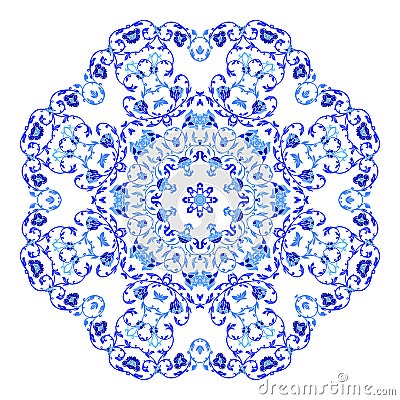 Indian round ornament, kaleidoscopic floral pattern, mandala. Design made in Russian gzhel style and colors Vector Illustration