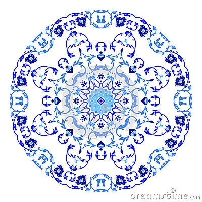 Indian round ornament, kaleidoscopic floral pattern, mandala. Design made in Russian gzhel style and colors Vector Illustration