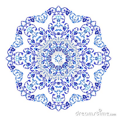 Indian round ornament, kaleidoscopic floral pattern, mandala. Design made in Russian gzhel style and colors Vector Illustration