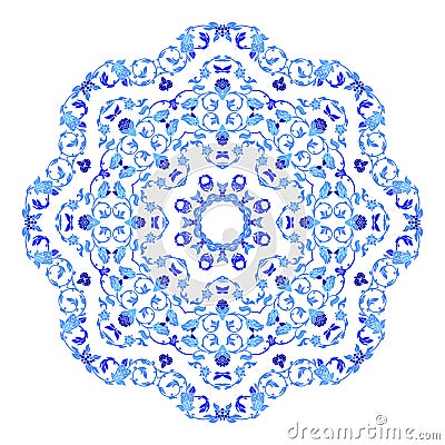 Indian round ornament, kaleidoscopic floral pattern, mandala. Design made in Russian gzhel style and colors Vector Illustration