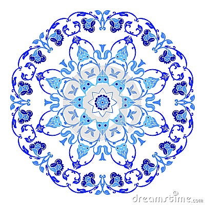 Indian round ornament, kaleidoscopic floral pattern, mandala. Design made in Russian gzhel style and colors Vector Illustration