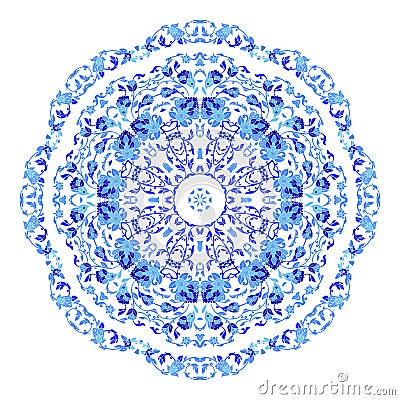 Indian round ornament, kaleidoscopic floral pattern, mandala. Design made in Russian gzhel style and colors Vector Illustration