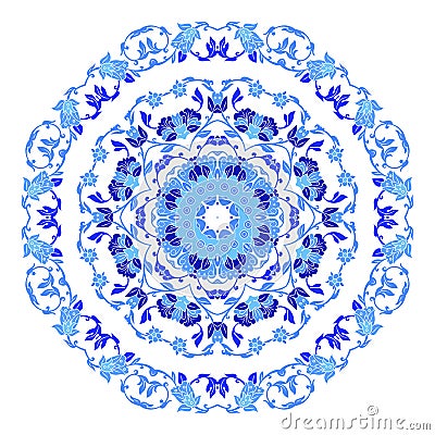 Indian round ornament, kaleidoscopic floral pattern, mandala. Design made in Russian gzhel style and colors Vector Illustration