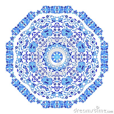 Indian round ornament, kaleidoscopic floral pattern, mandala. Design made in Russian gzhel style and colors Vector Illustration