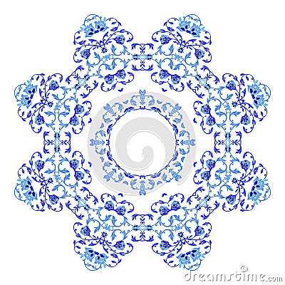 Indian round ornament, kaleidoscopic floral pattern, mandala. Design made in Russian gzhel style and colors Vector Illustration