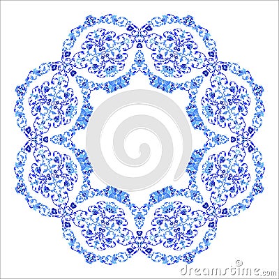 Indian round ornament, kaleidoscopic floral pattern, mandala. Design made in Russian gzhel style and colors Vector Illustration