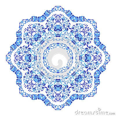 Indian round ornament, kaleidoscopic floral pattern, mandala. Design made in Russian gzhel style and colors. Vector Illustration