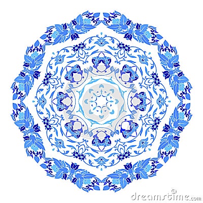 Indian round ornament, kaleidoscopic floral pattern, mandala. Design made in Russian gzhel style and colors. Vector Illustration