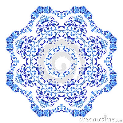 Indian round ornament, kaleidoscopic floral pattern, mandala. Design made in Russian gzhel style and colors. Vector Illustration