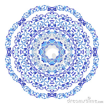 Indian round ornament, kaleidoscopic floral pattern, mandala. Design made in Russian gzhel style and colors. Vector Illustration