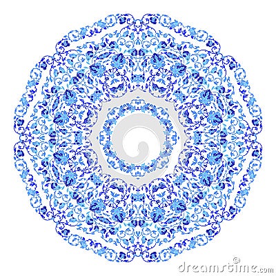 Indian round ornament, kaleidoscopic floral pattern, mandala. Design made in Russian gzhel style and colors. Vector Illustration