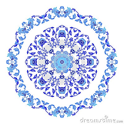 Indian round ornament, kaleidoscopic floral pattern, mandala. Design made in Russian gzhel style and colors. Vector Illustration