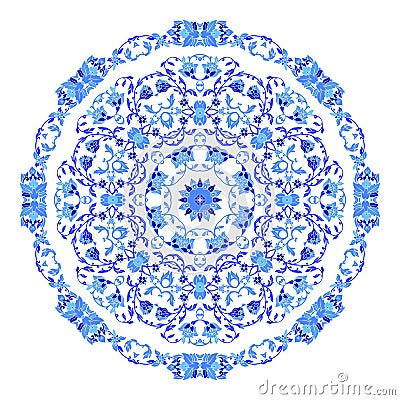 Indian round ornament, kaleidoscopic floral pattern, mandala. Design made in Russian gzhel style and colors. Vector Illustration