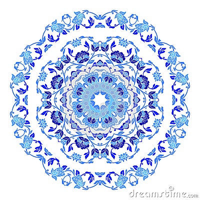 Indian round ornament, kaleidoscopic floral pattern, mandala. Design made in Russian gzhel style and colors. Vector Illustration