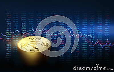 Indian rupee golden coin with stock market data. Stock Photo