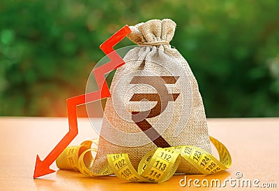 Indian rupee money bag with down arrow and measure tape. Reduced wages, cuts in social benefits. Cutting costs, saving. Capital Stock Photo