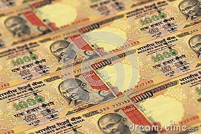 Indian rupees banknotes background. 1000 INR Stock Photo