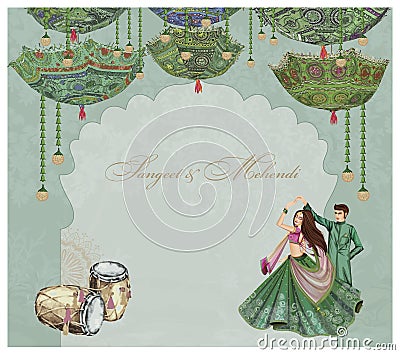 Indian sangeet night. Bride and groom sangeet performance. Sangeet and Mehndi night invitation card. Vector Illustration