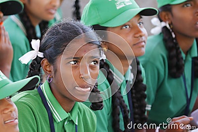Indian school girls with green uniform sitting Editorial Stock Photo
