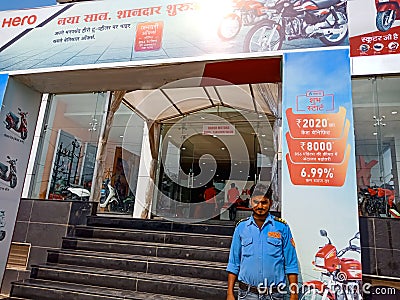 an indian security guard on duty at hero bike agency in India January 2020 Editorial Stock Photo