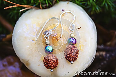 Indian seed and hematite stone beads earrings on autumn mushroom Stock Photo