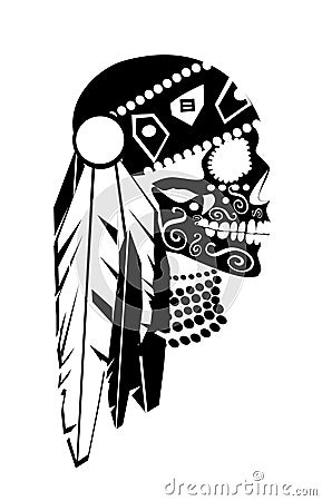 Indian skull icon ornaments with feathers, side view black and white, vector. Stock Photo