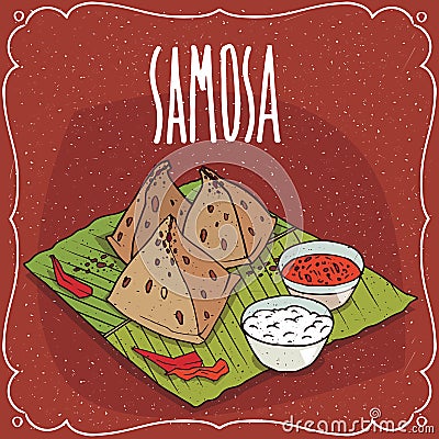 Indian snack Samosa with sauce and curd cheese Vector Illustration