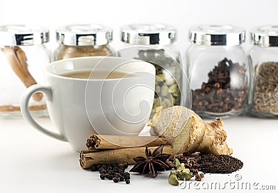Indian spiced chai tea spices and ingredients Stock Photo