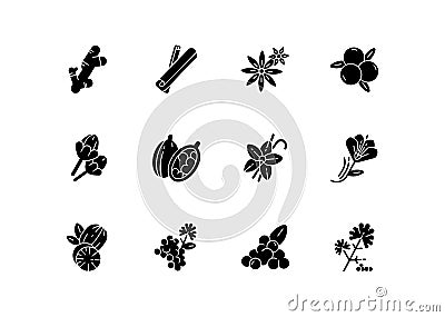 Indian spices black glyph icons set on white space Vector Illustration