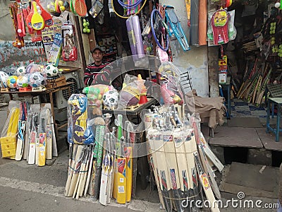 Indian sports market with cricket bats Editorial Stock Photo