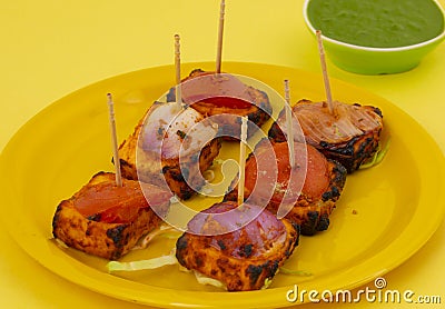 Indian Starter Dish Paneer Tikka Kabab or Barbecue Paneer Tikka Kabab Stock Photo