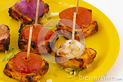 Indian Starter Dish Paneer Tikka Kabab or Barbecue Paneer Tikka Kabab Stock Photo