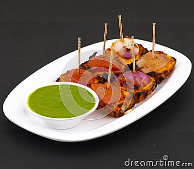 Indian Starter Dish Paneer Tikka Kabab or Barbecue Paneer Tikka Kabab Stock Photo