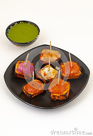 Indian Starter Dish Paneer Tikka Kabab or Barbecue Paneer Tikka Kabab Stock Photo