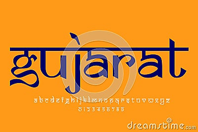 Indian state Gujarat text design. Indian style Latin font design, Devanagari inspired alphabet, letters and numbers, illustration Cartoon Illustration